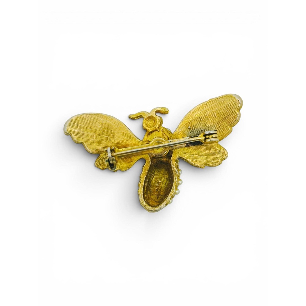 Vintage Gold-Tone Bee Brooch | Faux Seed Pearl Cabochons & Red Rhinestone Eyes - Picture 6 of 7